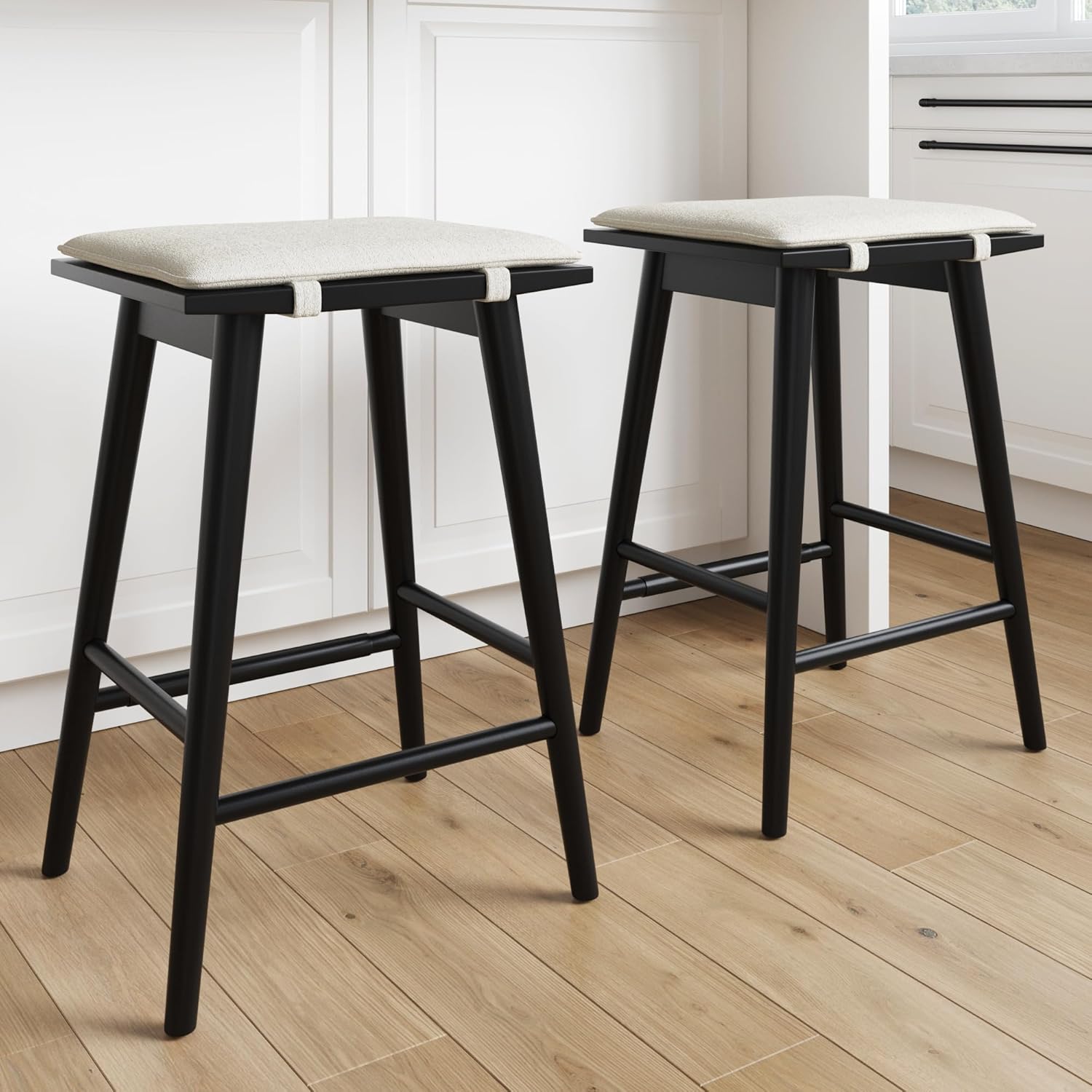 Nathan James Barker Counter Height Solid Wood Barstool with Upholstered Cushion, Backless Island Stool with Rubberwood Legs and Natural Textured Linen Upholstery for Kitchen, Brown/White, Set of 2 - Grand Goldman