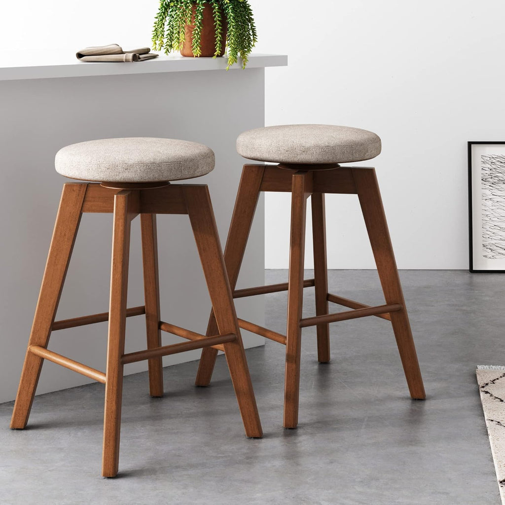 Nathan James Barker Counter Height Solid Wood Barstool with Upholstered Cushion, Backless Island Stool with Rubberwood Legs and Natural Textured Linen Upholstery for Kitchen, Brown/White, Set of 2 - Grand Goldman