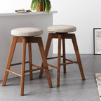 Nathan James Barker Counter Height Solid Wood Barstool with Upholstered Cushion, Backless Island Stool with Rubberwood Legs and Natural Textured Linen Upholstery for Kitchen, Brown/White, Set of 2 - Grand Goldman
