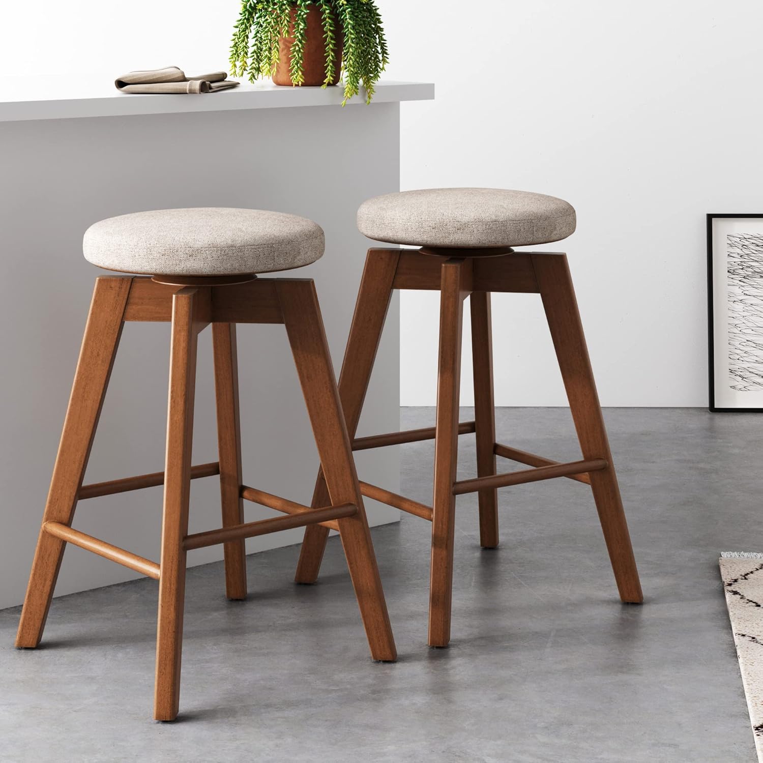 Nathan James Barker Counter Height Solid Wood Barstool with Upholstered Cushion, Backless Island Stool with Rubberwood Legs and Natural Textured Linen Upholstery for Kitchen, Brown/White, Set of 2 - Grand Goldman