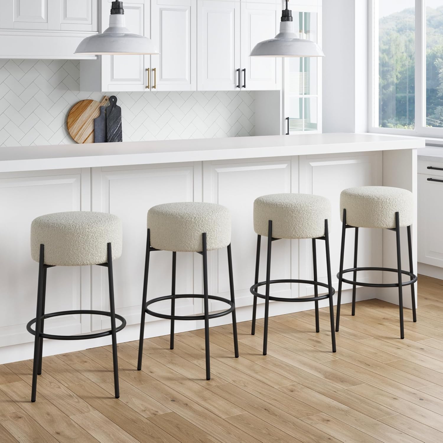 Nathan James Barker Counter Height Solid Wood Barstool with Upholstered Cushion, Backless Island Stool with Rubberwood Legs and Natural Textured Linen Upholstery for Kitchen, Brown/White, Set of 2 - Grand Goldman