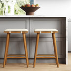 Nathan James Barker Counter Height Solid Wood Barstool with Upholstered Cushion, Backless Island Stool with Rubberwood Legs and Natural Textured Linen Upholstery for Kitchen, Brown/White, Set of 2 - Grand Goldman