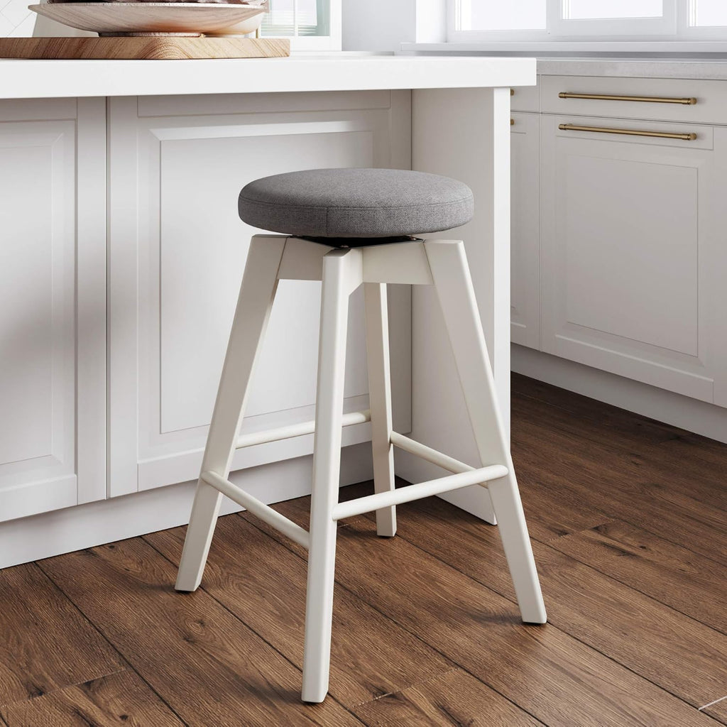 Nathan James Barker Counter Height Solid Wood Barstool with Upholstered Cushion, Backless Island Stool with Rubberwood Legs and Natural Textured Linen Upholstery for Kitchen, Brown/White, Set of 2 - Grand Goldman