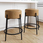 Nathan James Barker Counter Height Solid Wood Barstool with Upholstered Cushion, Backless Island Stool with Rubberwood Legs and Natural Textured Linen Upholstery for Kitchen, Brown/White, Set of 2 - Grand Goldman