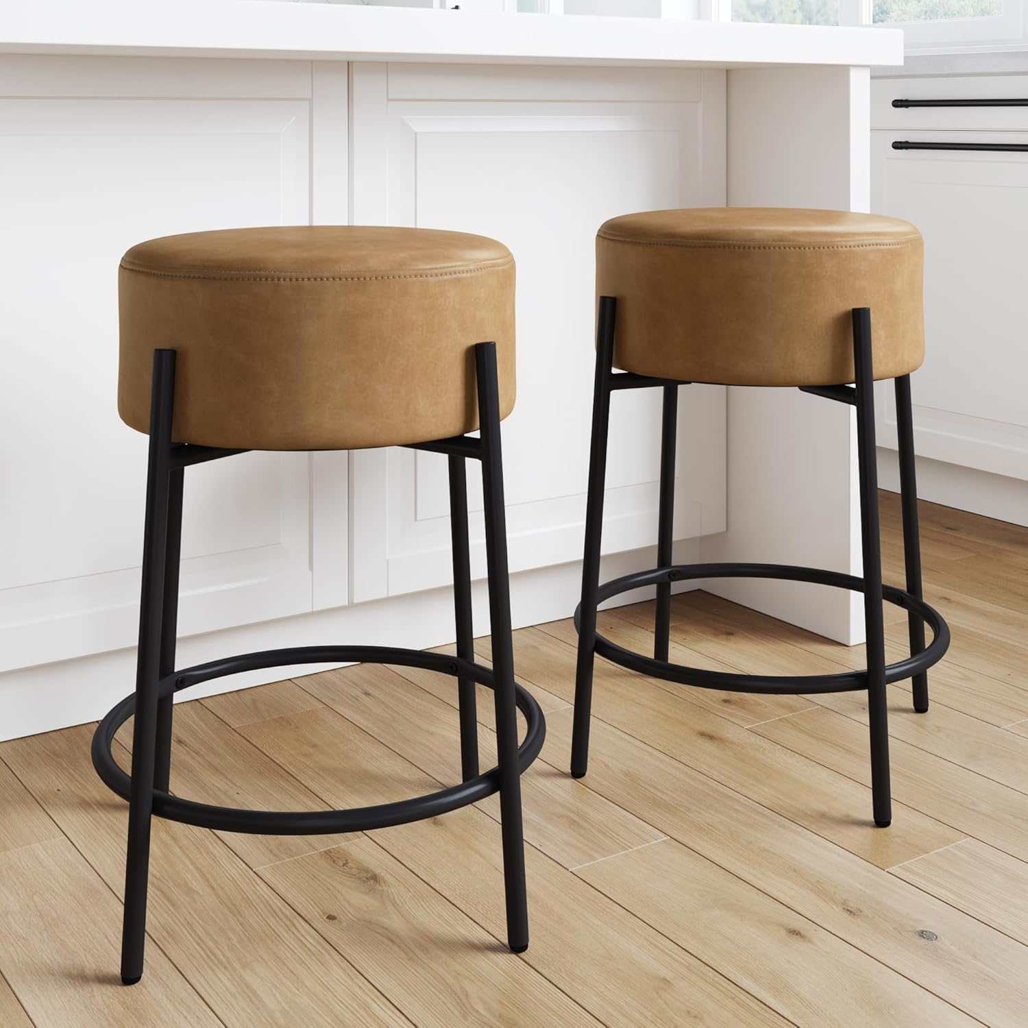 Nathan James Barker Counter Height Solid Wood Barstool with Upholstered Cushion, Backless Island Stool with Rubberwood Legs and Natural Textured Linen Upholstery for Kitchen, Brown/White, Set of 2 - Grand Goldman