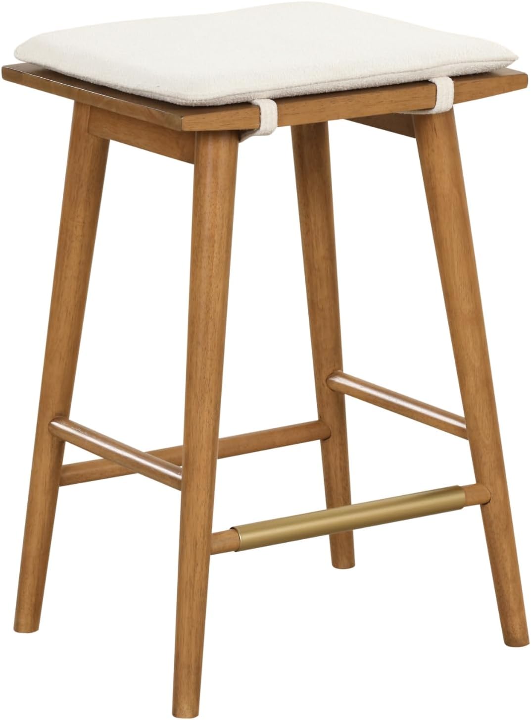 Nathan James Barker Counter Height Solid Wood Barstool with Upholstered Cushion, Backless Island Stool with Rubberwood Legs and Natural Textured Linen Upholstery for Kitchen, Brown/White, Set of 2 - Grand Goldman