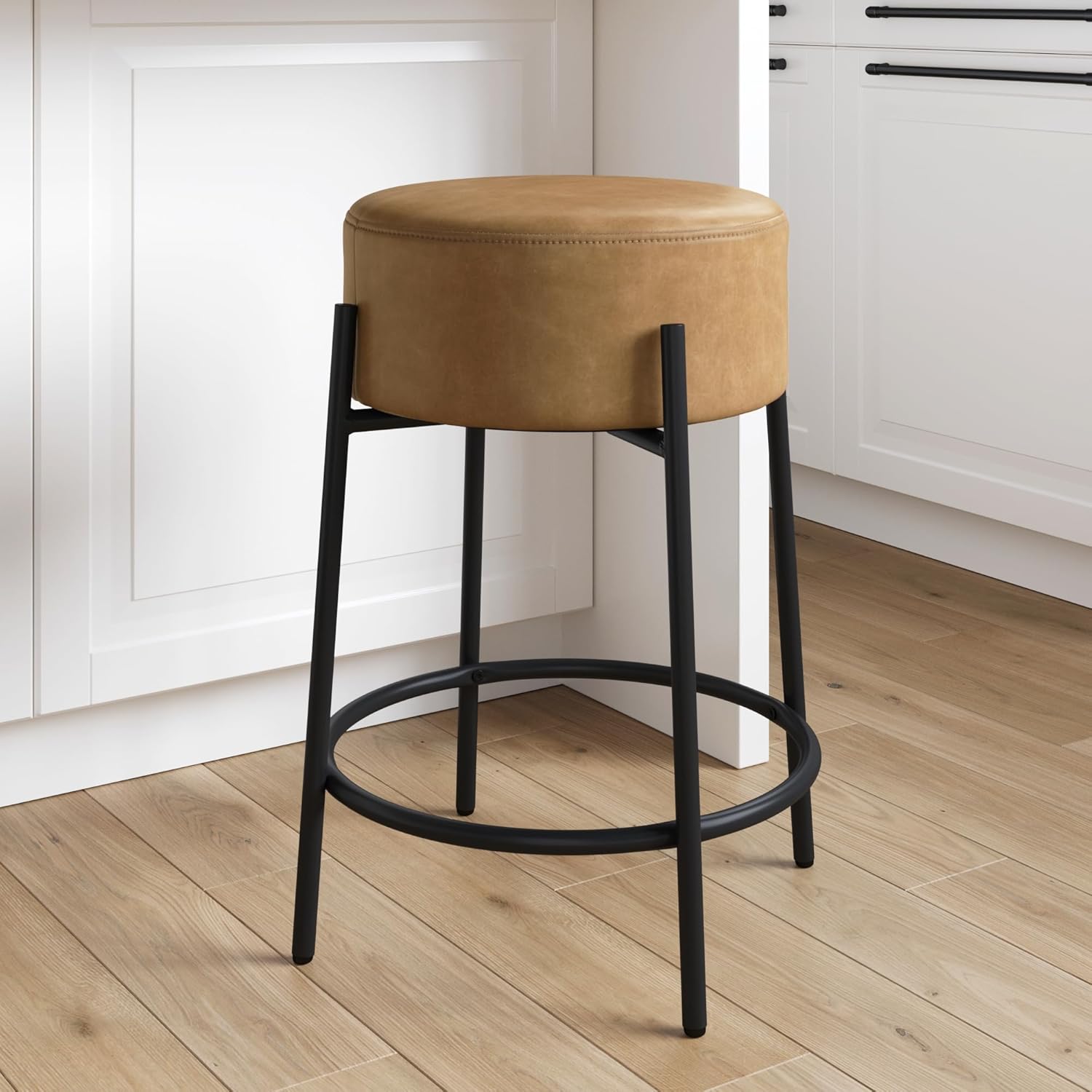 Nathan James Barker Counter Height Solid Wood Barstool with Upholstered Cushion, Backless Island Stool with Rubberwood Legs and Natural Textured Linen Upholstery for Kitchen, Brown/White, Set of 2 - Grand Goldman