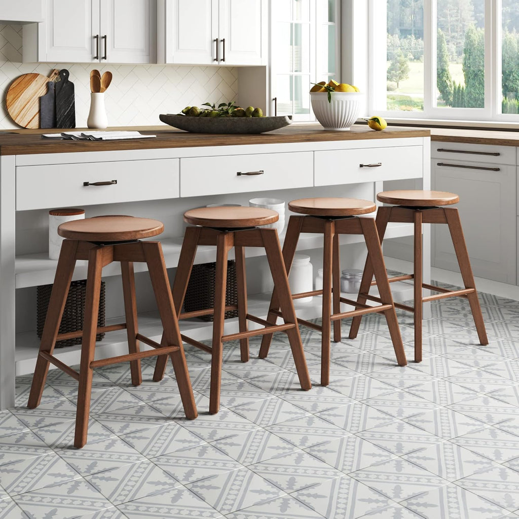 Nathan James Barker Counter Height Solid Wood Barstool with Upholstered Cushion, Backless Island Stool with Rubberwood Legs and Natural Textured Linen Upholstery for Kitchen, Brown/White, Set of 2 - Grand Goldman