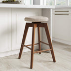 Nathan James Barker Counter Height Solid Wood Barstool with Upholstered Cushion, Backless Island Stool with Rubberwood Legs and Natural Textured Linen Upholstery for Kitchen, Brown/White, Set of 2 - Grand Goldman