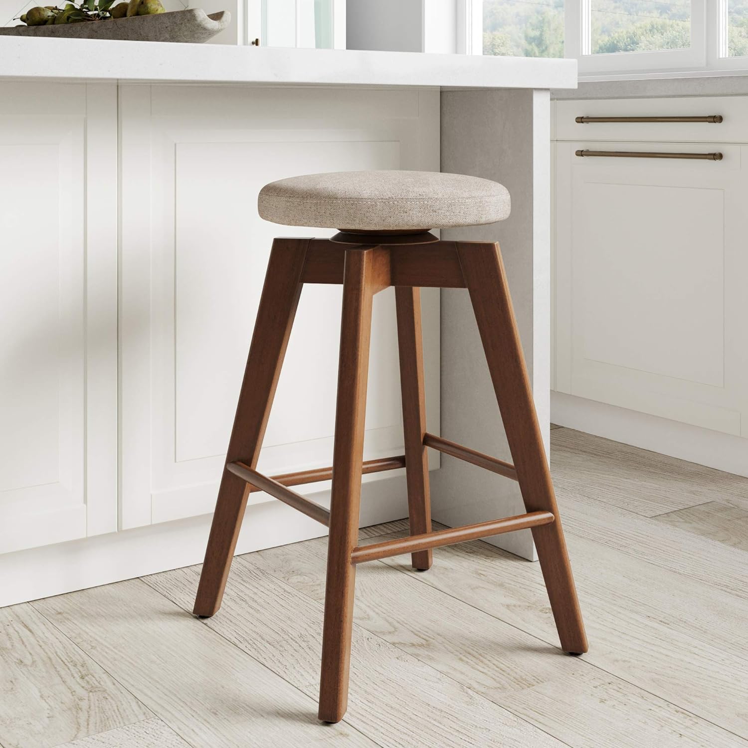 Nathan James Barker Counter Height Solid Wood Barstool with Upholstered Cushion, Backless Island Stool with Rubberwood Legs and Natural Textured Linen Upholstery for Kitchen, Brown/White, Set of 2 - Grand Goldman