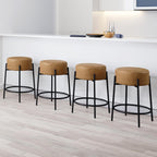 Nathan James Barker Counter Height Solid Wood Barstool with Upholstered Cushion, Backless Island Stool with Rubberwood Legs and Natural Textured Linen Upholstery for Kitchen, Brown/White, Set of 2 - Grand Goldman