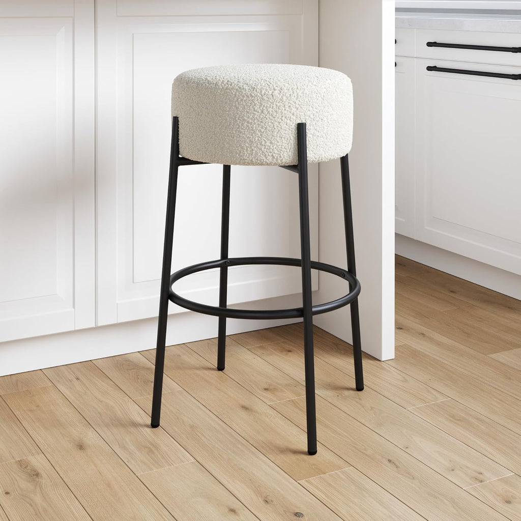 Nathan James Barker Counter Height Solid Wood Barstool with Upholstered Cushion, Backless Island Stool with Rubberwood Legs and Natural Textured Linen Upholstery for Kitchen, Brown/White, Set of 2 - Grand Goldman