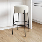 Nathan James Barker Counter Height Solid Wood Barstool with Upholstered Cushion, Backless Island Stool with Rubberwood Legs and Natural Textured Linen Upholstery for Kitchen, Brown/White, Set of 2 - Grand Goldman