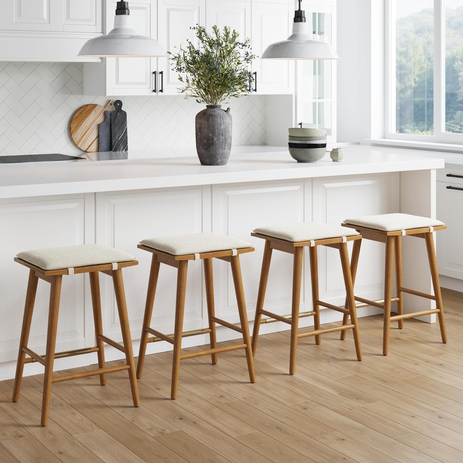 Nathan James Barker Counter Height Solid Wood Barstool with Upholstered Cushion, Backless Island Stool with Rubberwood Legs and Natural Textured Linen Upholstery for Kitchen, Brown/White, Set of 2 - Grand Goldman
