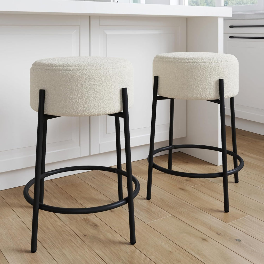 Nathan James Barker Counter Height Solid Wood Barstool with Upholstered Cushion, Backless Island Stool with Rubberwood Legs and Natural Textured Linen Upholstery for Kitchen, Brown/White, Set of 2 - Grand Goldman