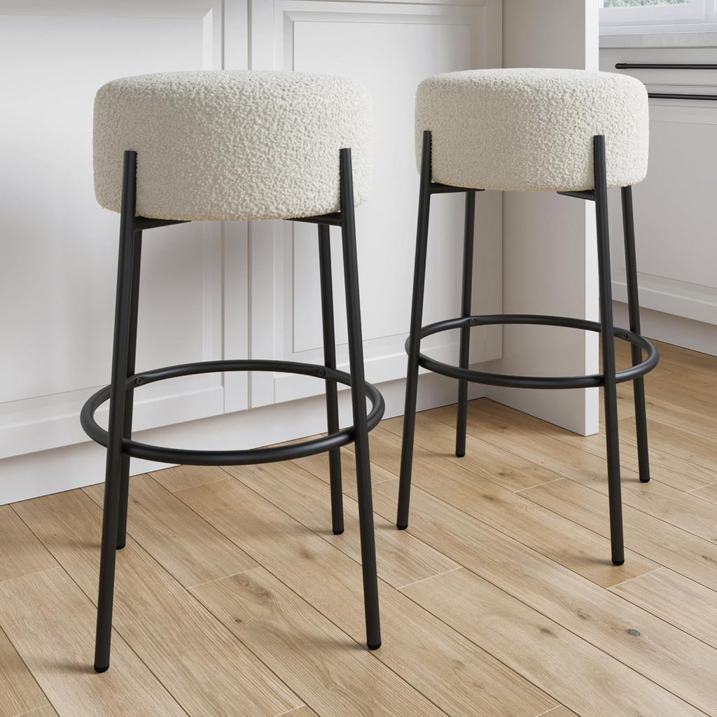 Nathan James Barker Counter Height Solid Wood Barstool with Upholstered Cushion, Backless Island Stool with Rubberwood Legs and Natural Textured Linen Upholstery for Kitchen, Brown/White, Set of 2 - Grand Goldman