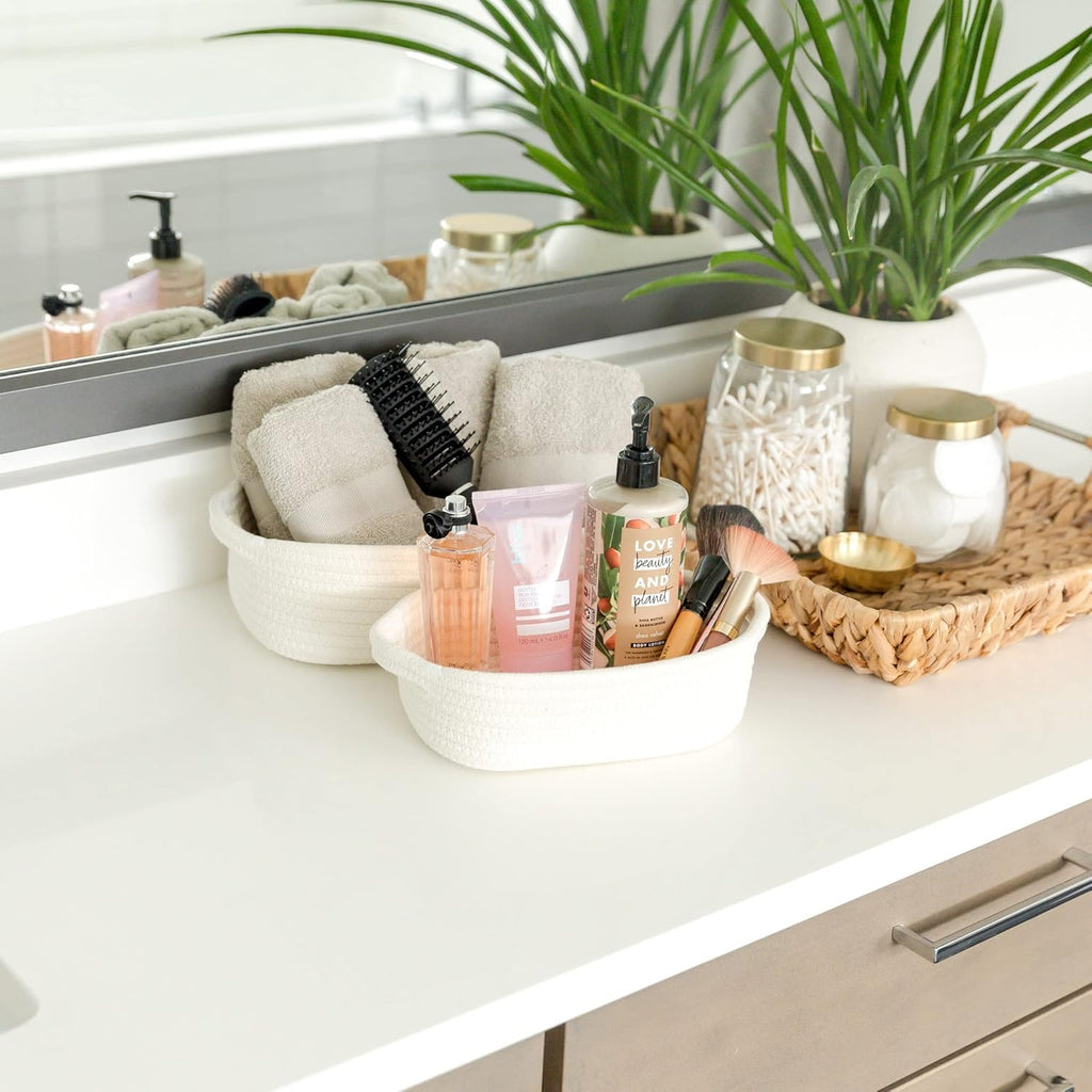 NaturalCozy 5-Piece Rectangle Storage Basket Set- Natural Cotton Rope Woven for Organizing! Small Basket for Montessori, Baby Nursery, Dog Toy Baskets, Cat Toy Box, Bathroom Organization Bin - Grand Goldman