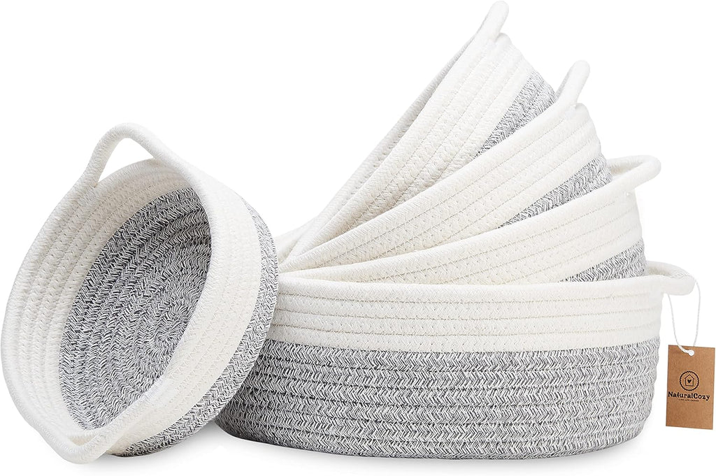 NaturalCozy 5-Piece Round Small Woven Baskets Set– Cotton Rope Baskets for Organizing! Montessori Toys, Fruits Remotes Key Tray Bowl for Entryway Desk, Shallow Catchall Home Décor, Cat Dog Bin Gift - Grand Goldman
