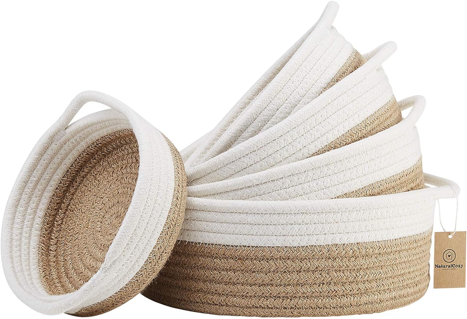 NaturalCozy 5-Piece Round Small Woven Baskets Set– Cotton Rope Baskets for Organizing! Montessori Toys, Fruits Remotes Key Tray Bowl for Entryway Desk, Shallow Catchall Home Décor, Cat Dog Bin Gift - Grand Goldman