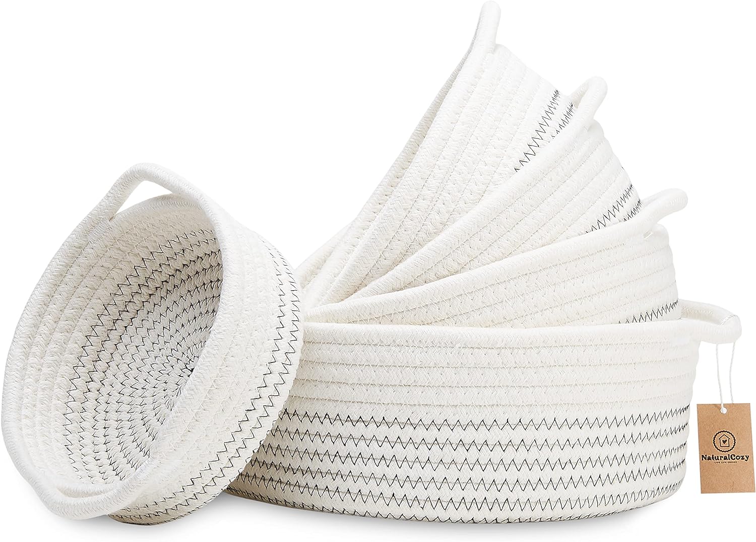 NaturalCozy 5-Piece Round Small Woven Baskets Set– Cotton Rope Baskets for Organizing! Montessori Toys, Fruits Remotes Key Tray Bowl for Entryway Desk, Shallow Catchall Home Décor, Cat Dog Bin Gift - Grand Goldman