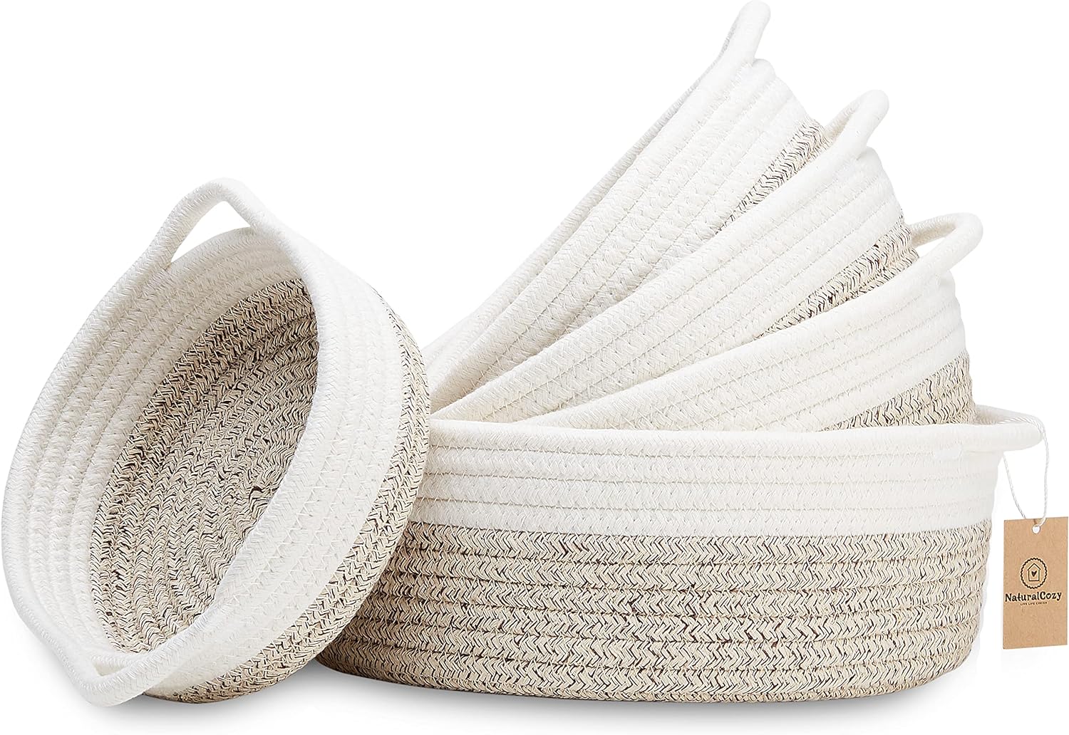 NaturalCozy 5-Piece Round Small Woven Baskets Set– Cotton Rope Baskets for Organizing! Montessori Toys, Fruits Remotes Key Tray Bowl for Entryway Desk, Shallow Catchall Home Décor, Cat Dog Bin Gift - Grand Goldman