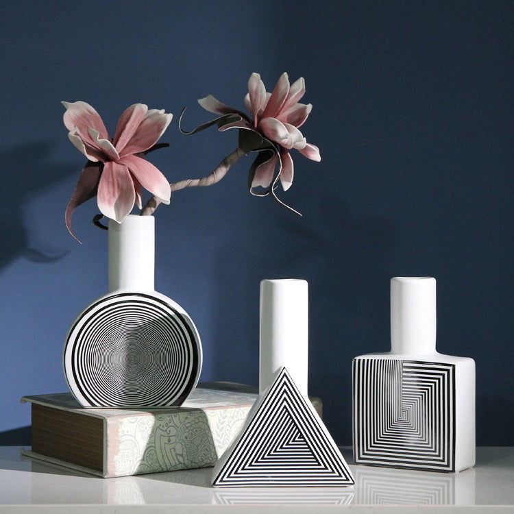 New Creative Ceramic Decoration, Simple Geometric Line Flower Arrangement Vase, Simple European Model House Soft Decoration Crafts - Grand Goldman