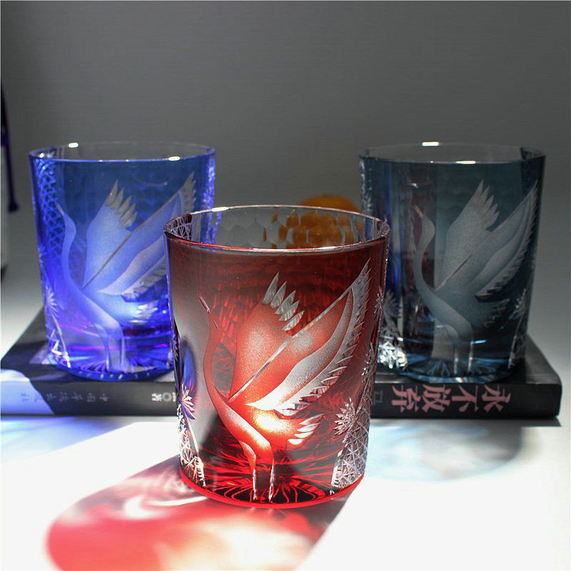 New Japanese Edo Kiriko Pine Crane Whiskey Glass - Grand Goldman
