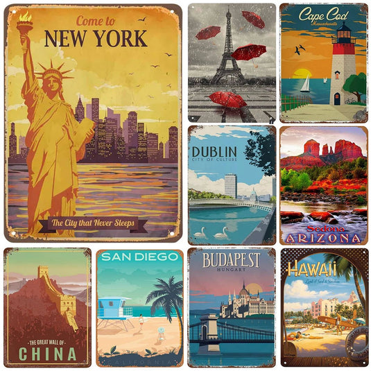 New York Paris Great Wall World Famous Building Metal Tin Signs Posters Plate Wall Decor for Bars Man Cave Cafe Clubs Home - Grand Goldman