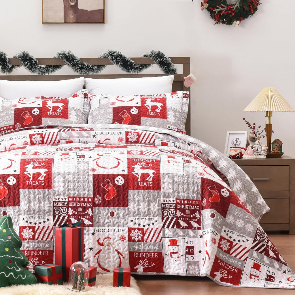 Newspin Christmas Quilt Set Twin Size, Soft Reversible Quilted Christmas Bedspread Coverlet Lightweight Twin Quilt Bedding Sets with Xmas Santa Tree Snowman Red Plaid Patchwork Pattern - Grand Goldman