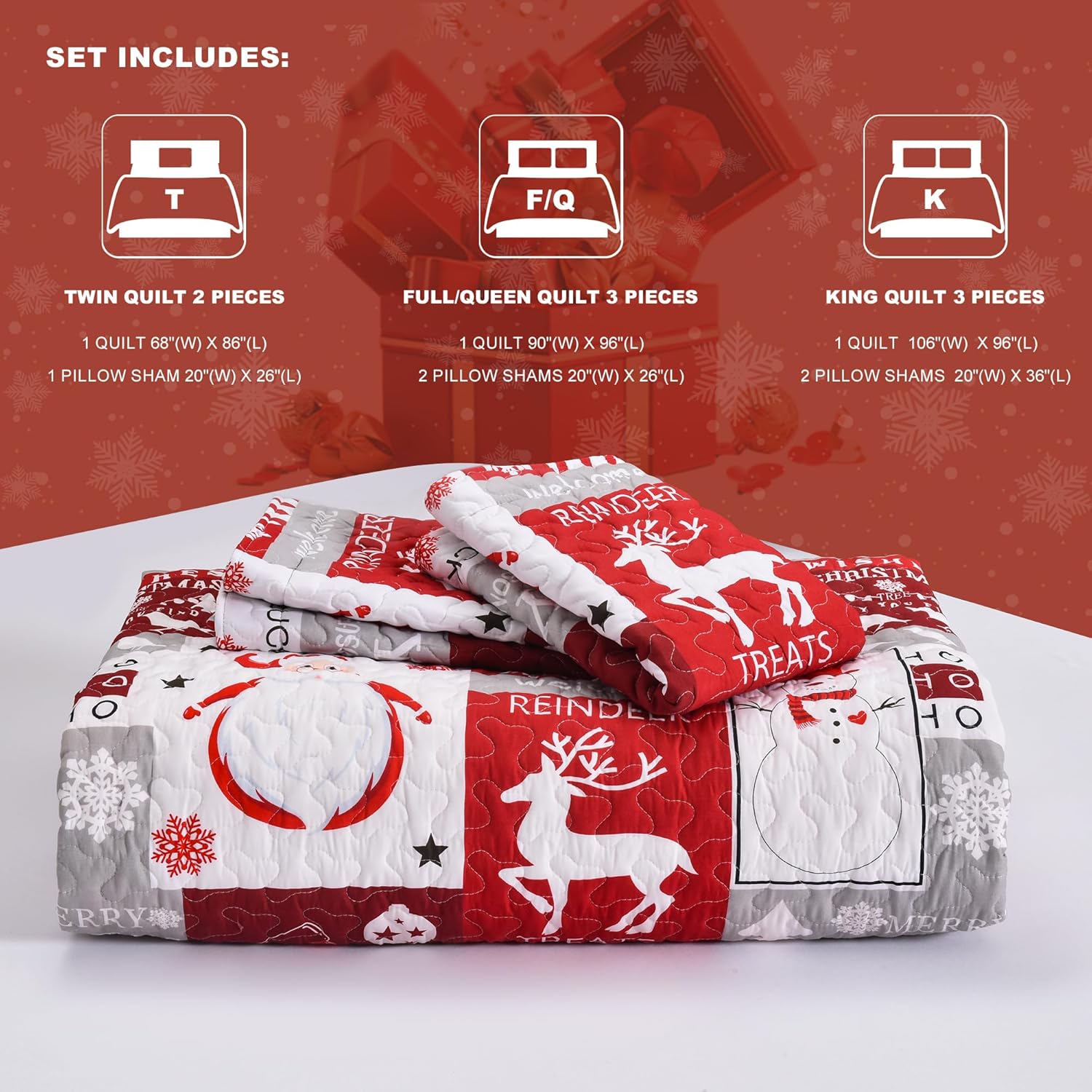 Newspin Christmas Quilt Set Twin Size, Soft Reversible Quilted Christmas Bedspread Coverlet Lightweight Twin Quilt Bedding Sets with Xmas Santa Tree Snowman Red Plaid Patchwork Pattern - Grand Goldman