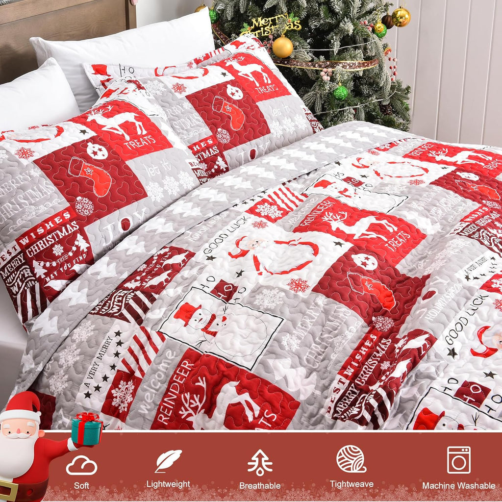 Newspin Christmas Quilt Set Twin Size, Soft Reversible Quilted Christmas Bedspread Coverlet Lightweight Twin Quilt Bedding Sets with Xmas Santa Tree Snowman Red Plaid Patchwork Pattern - Grand Goldman