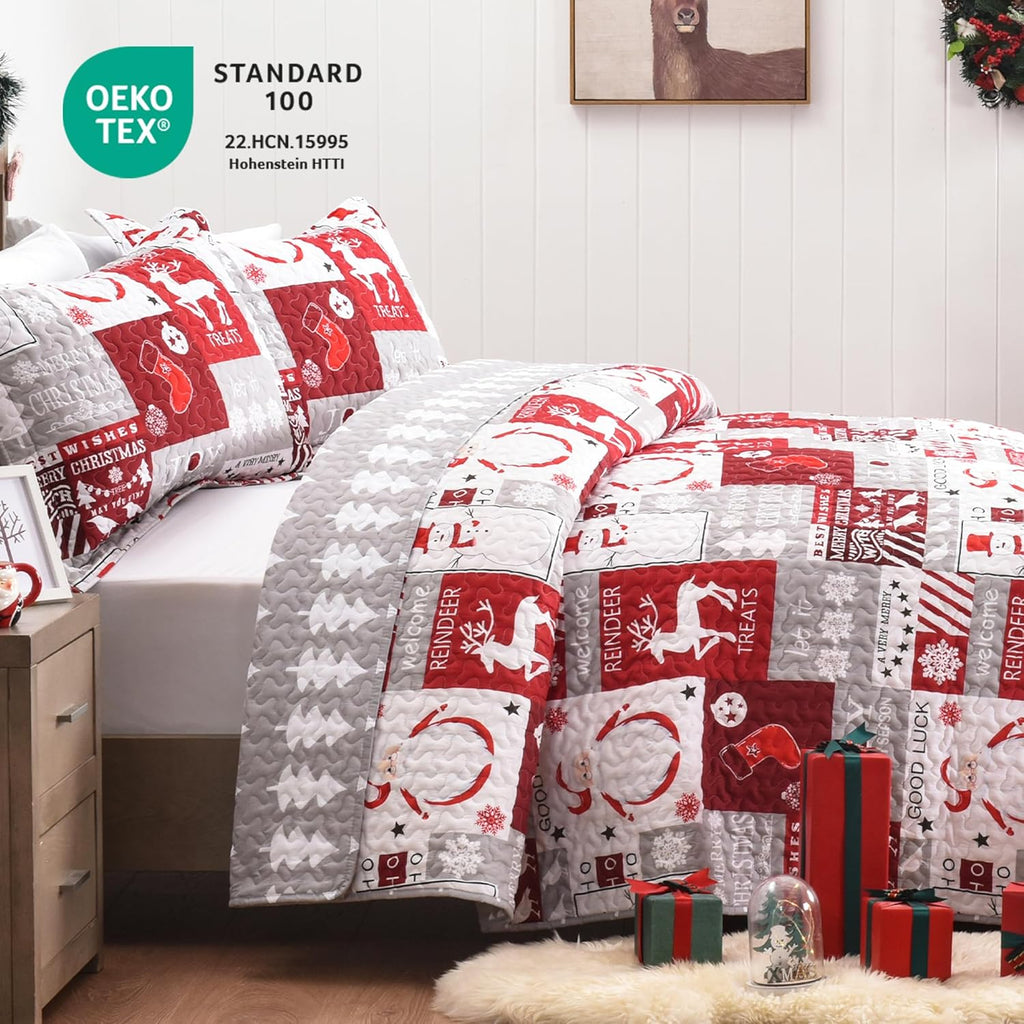 Newspin Christmas Quilt Set Twin Size, Soft Reversible Quilted Christmas Bedspread Coverlet Lightweight Twin Quilt Bedding Sets with Xmas Santa Tree Snowman Red Plaid Patchwork Pattern - Grand Goldman