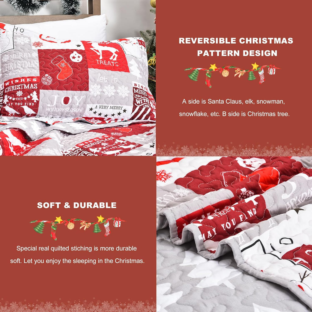 Newspin Christmas Quilt Set Twin Size, Soft Reversible Quilted Christmas Bedspread Coverlet Lightweight Twin Quilt Bedding Sets with Xmas Santa Tree Snowman Red Plaid Patchwork Pattern - Grand Goldman