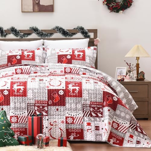 Newspin Christmas Quilt Set Twin Size, Soft Reversible Quilted Christmas Bedspread Coverlet Lightweight Twin Quilt Bedding Sets with Xmas Santa Tree Snowman Red Plaid Patchwork Pattern - Grand Goldman