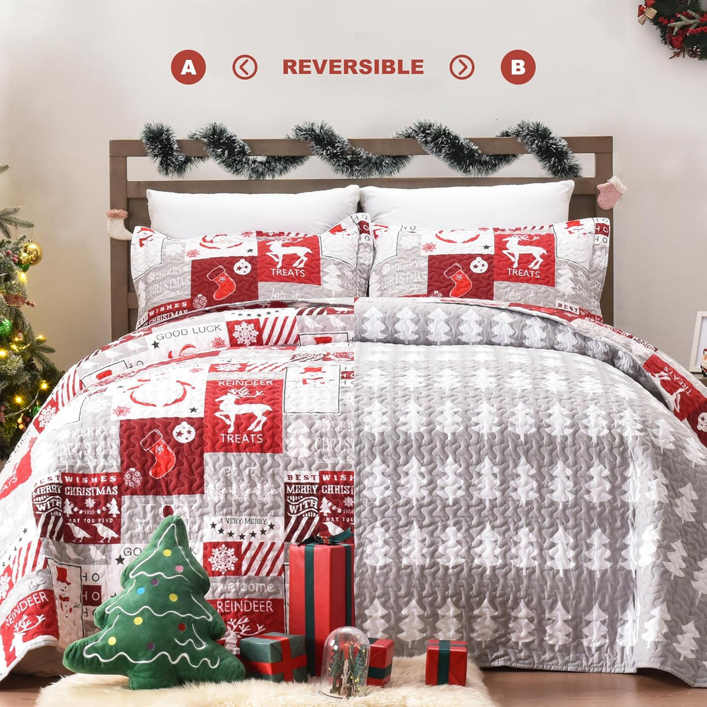 Newspin Christmas Quilt Set Twin Size, Soft Reversible Quilted Christmas Bedspread Coverlet Lightweight Twin Quilt Bedding Sets with Xmas Santa Tree Snowman Red Plaid Patchwork Pattern - Grand Goldman