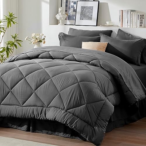 Newspin Full Bed in a Bag - 7 Pieces Black Comforter Set, All Season Ultra Soft Bedding Comforter Set with Comforter, Flat Sheet, Fitted Sheet, Pillowcases & Shams - Grand Goldman