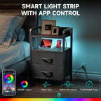 Night Stand Bedside Table Bedroom - Nightstand with Charging Station & LED Light Strip, Bed Side Table with Storage Shelf & 2 Fabric Drawers for Bedroom, End Table with U-S-B Ports & AC Outlets, Black - Grand Goldman