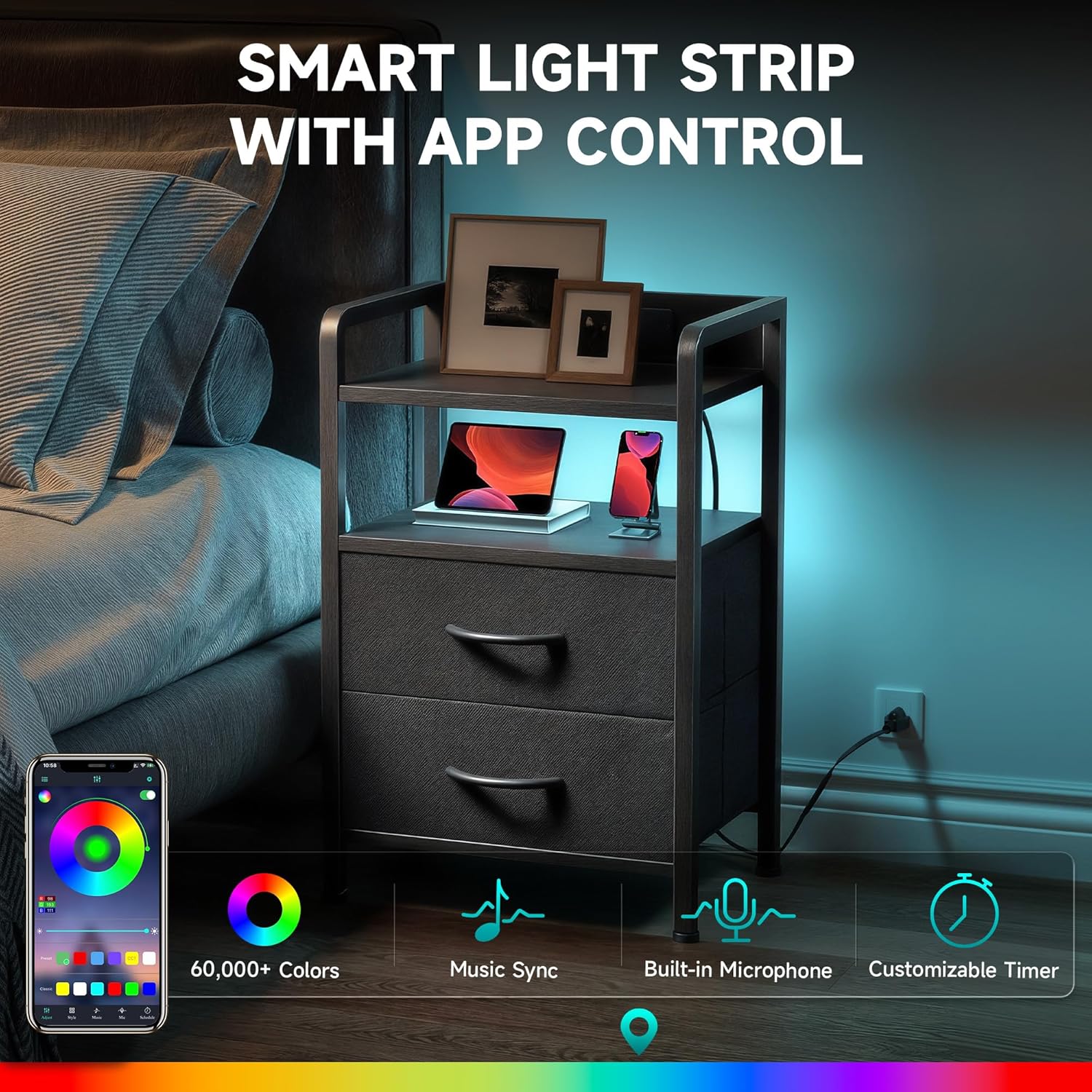 Night Stand Bedside Table Bedroom - Nightstand with Charging Station & LED Light Strip, Bed Side Table with Storage Shelf & 2 Fabric Drawers for Bedroom, End Table with U-S-B Ports & AC Outlets, Black - Grand Goldman