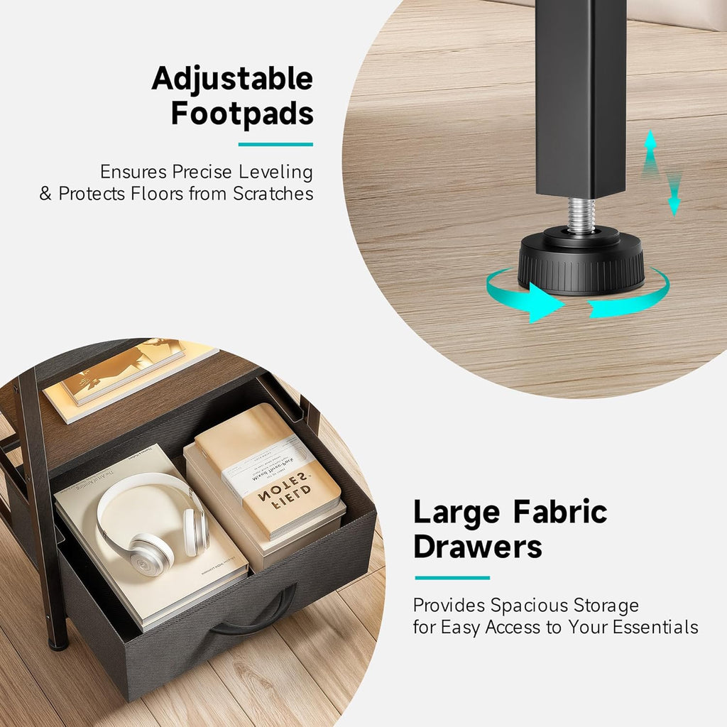 Night Stand Bedside Table Bedroom - Nightstand with Charging Station & LED Light Strip, Bed Side Table with Storage Shelf & 2 Fabric Drawers for Bedroom, End Table with U-S-B Ports & AC Outlets, Black - Grand Goldman