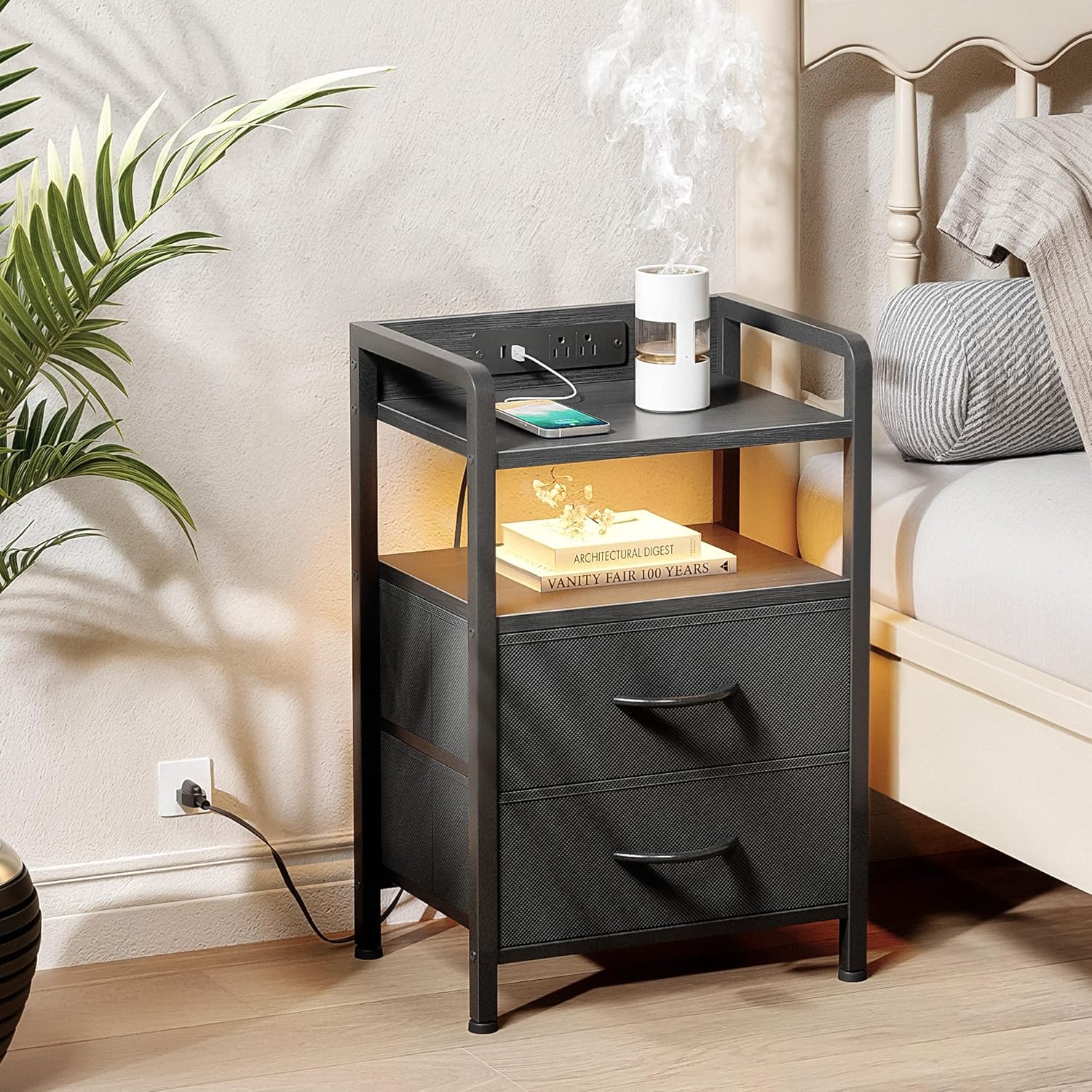 Night Stand Bedside Table Bedroom - Nightstand with Charging Station & LED Light Strip, Bed Side Table with Storage Shelf & 2 Fabric Drawers for Bedroom, End Table with U-S-B Ports & AC Outlets, Black - Grand Goldman