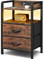 Night Stand Bedside Table Bedroom - Nightstand with Charging Station & LED Light Strip, Bed Side Table with Storage Shelf & 2 Fabric Drawers for Bedroom, End Table with U-S-B Ports & AC Outlets, Black - Grand Goldman