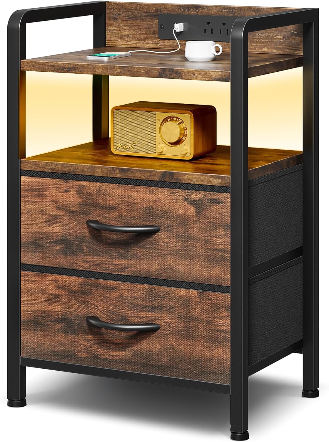 Night Stand Bedside Table Bedroom - Nightstand with Charging Station & LED Light Strip, Bed Side Table with Storage Shelf & 2 Fabric Drawers for Bedroom, End Table with U-S-B Ports & AC Outlets, Black - Grand Goldman