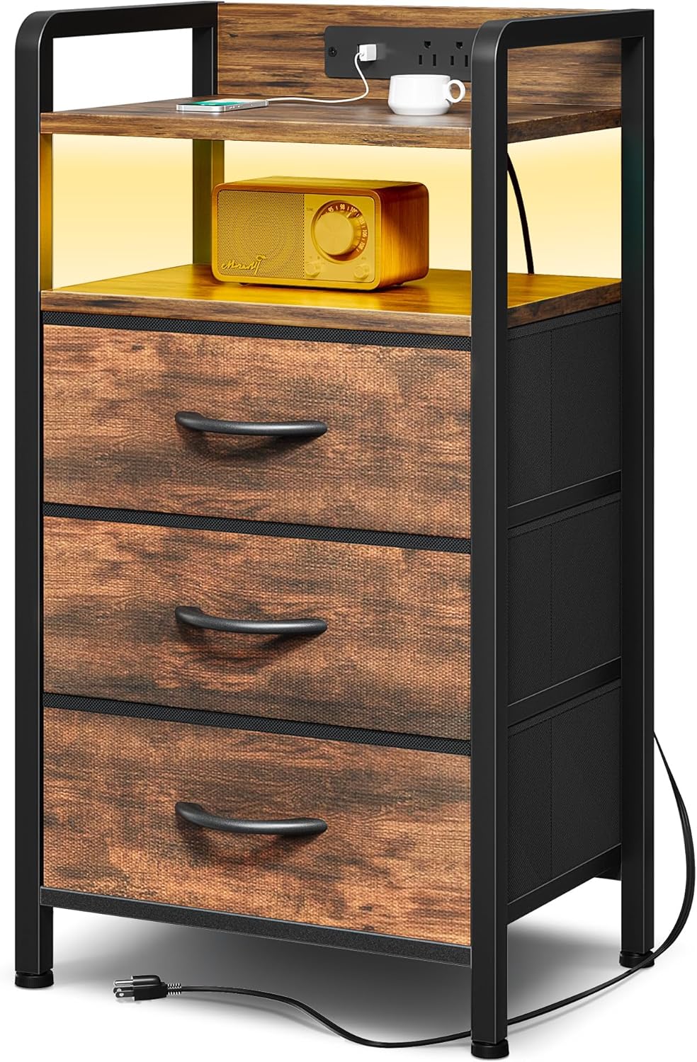 Night Stand Bedside Table Bedroom - Nightstand with Charging Station & LED Light Strip, Bed Side Table with Storage Shelf & 2 Fabric Drawers for Bedroom, End Table with U-S-B Ports & AC Outlets, Black - Grand Goldman