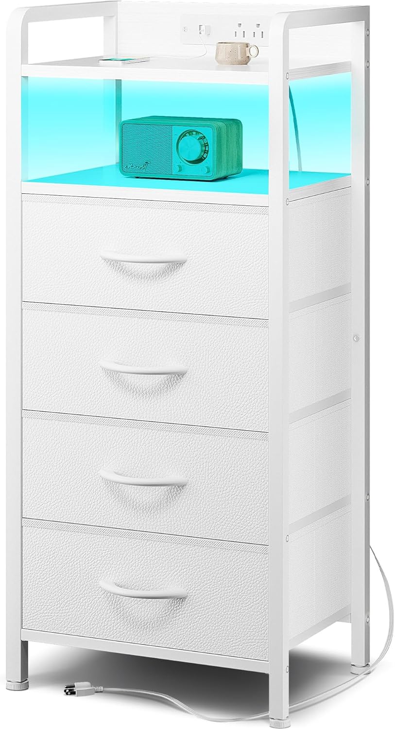 Night Stand Bedside Table Bedroom - Nightstand with Charging Station & LED Light Strip, Bed Side Table with Storage Shelf & 2 Fabric Drawers for Bedroom, End Table with U-S-B Ports & AC Outlets, Black - Grand Goldman