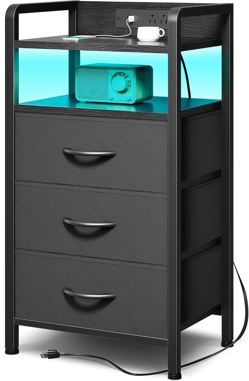 Night Stand Bedside Table Bedroom - Nightstand with Charging Station & LED Light Strip, Bed Side Table with Storage Shelf & 2 Fabric Drawers for Bedroom, End Table with U-S-B Ports & AC Outlets, Black - Grand Goldman