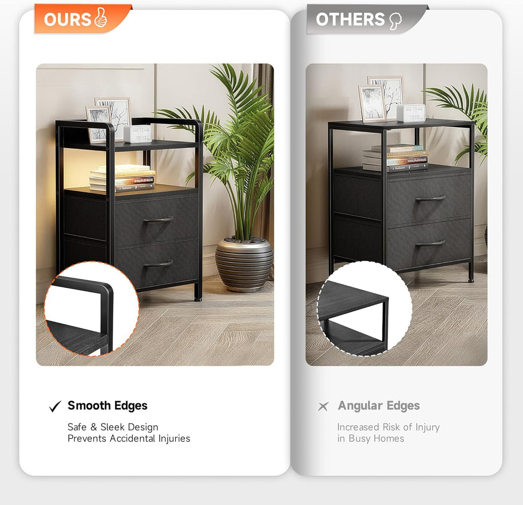 Night Stand Bedside Table Bedroom - Nightstand with Charging Station & LED Light Strip, Bed Side Table with Storage Shelf & 2 Fabric Drawers for Bedroom, End Table with U-S-B Ports & AC Outlets, Black - Grand Goldman