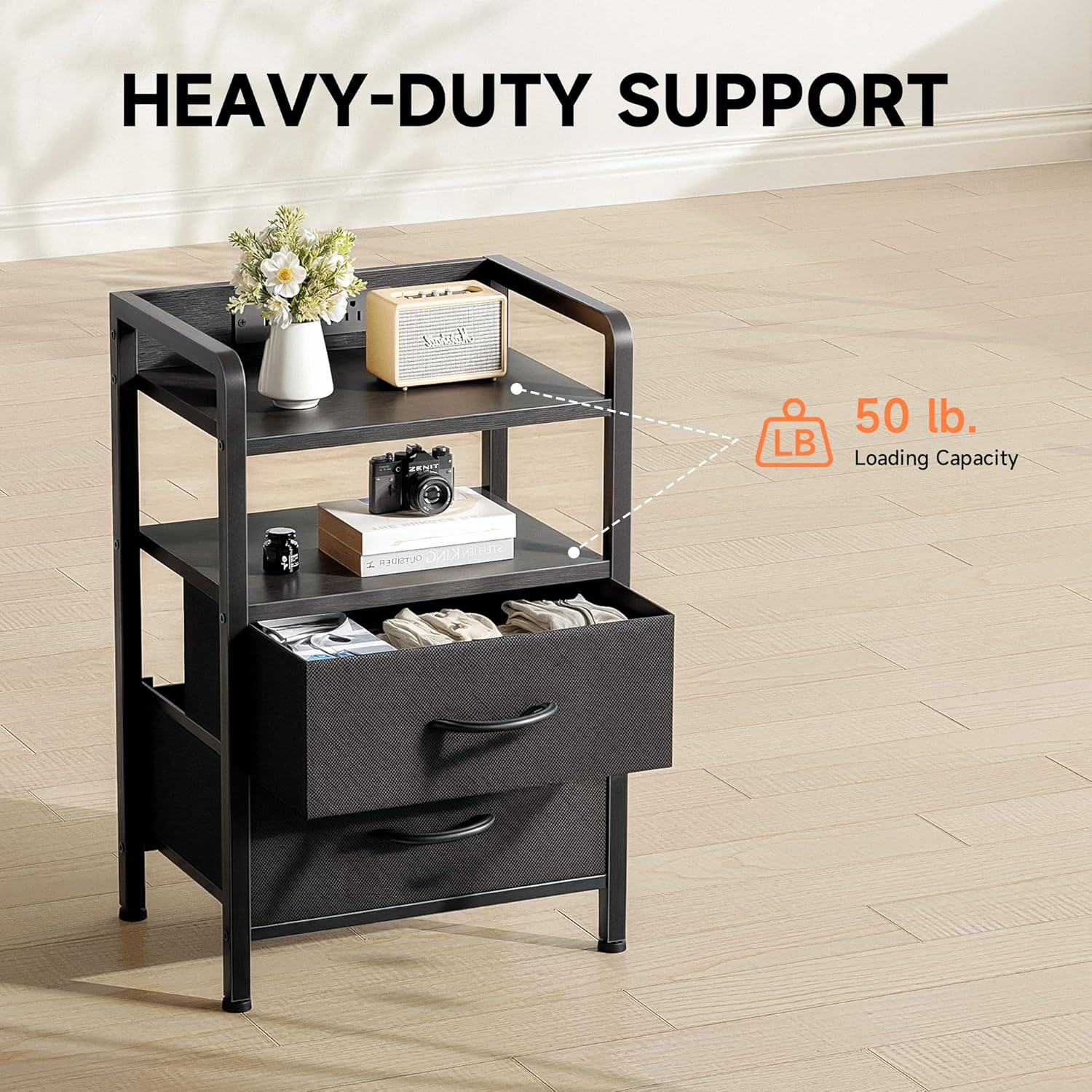 Night Stand Bedside Table Bedroom - Nightstand with Charging Station & LED Light Strip, Bed Side Table with Storage Shelf & 2 Fabric Drawers for Bedroom, End Table with U-S-B Ports & AC Outlets, Black - Grand Goldman