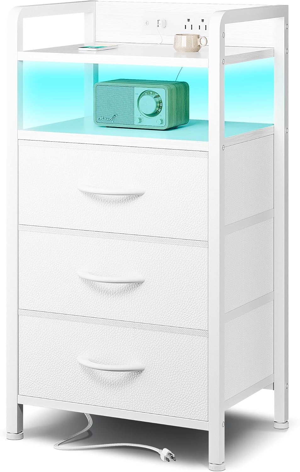 Night Stand Bedside Table Bedroom - Nightstand with Charging Station & LED Light Strip, Bed Side Table with Storage Shelf & 2 Fabric Drawers for Bedroom, End Table with U-S-B Ports & AC Outlets, Black - Grand Goldman