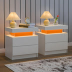 Nightstand Set of 2 LED Nightstand with 2 Drawers, Bedside Table with Drawers for Bedroom Furniture, Side Bed Table with LED Light, White - Grand Goldman