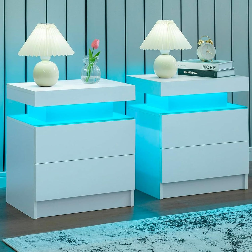 Nightstand Set of 2 LED Nightstand with 2 Drawers, Bedside Table with Drawers for Bedroom Furniture, Side Bed Table with LED Light, White - Grand Goldman